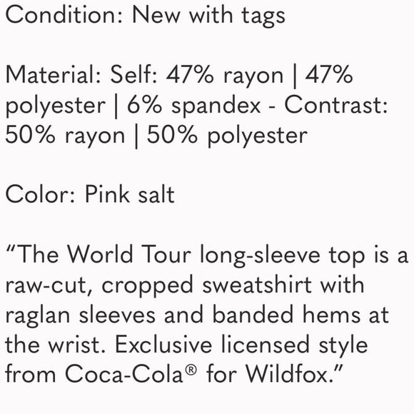 WILDFOX WOMEN’S SPRITE WORLD TOUR CROP IN PINK SALT NWT - Picture 3 of 8